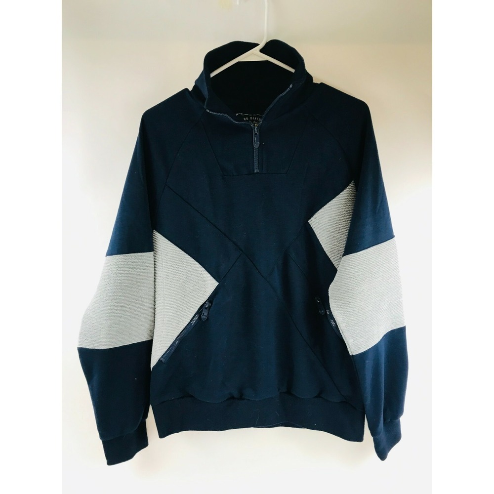Retro Distrikt Sweater Men's Size Large Navy Blue White Mock Neck 1/4 Zip